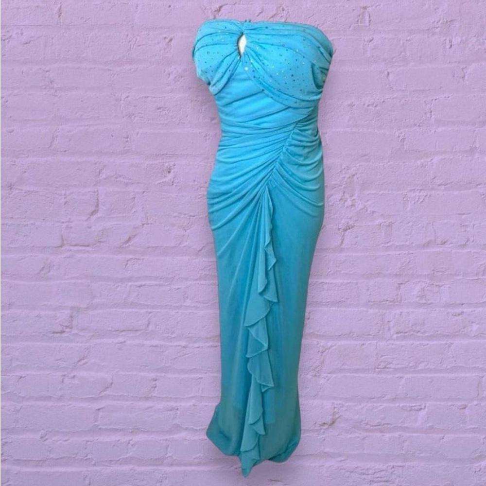 halter blue sequence dress